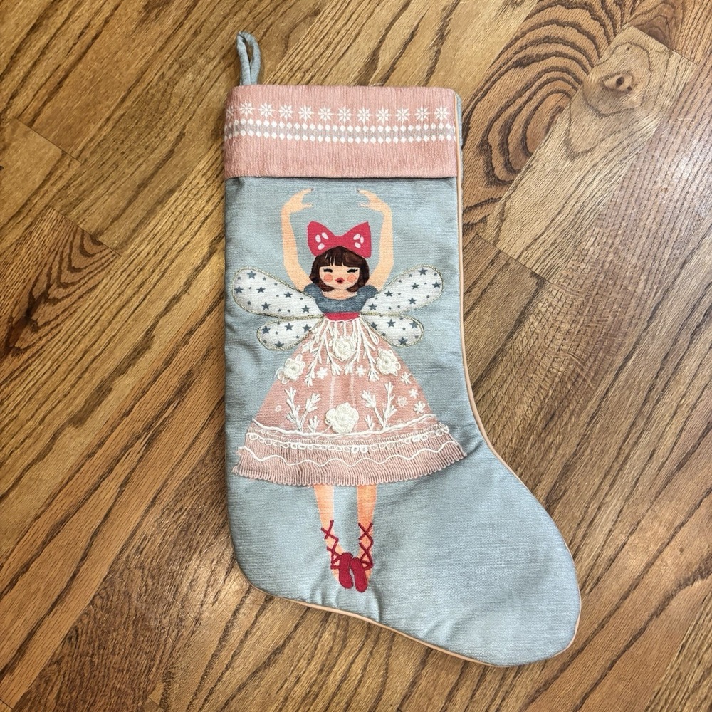 Cupcakes and Cashmere‎ Fairy Christmas Stocking Pink Gray Embroidered 20" Decor